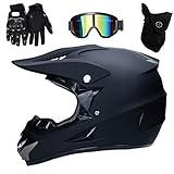 UIGJIOG Motocross Helm Matte Schwarz, Herren Crosshelm mit Brillen Maske Handschuhe, Unisex Fullface Cross Helm Downhill Quad Enduro ATV Motorrad Schutzhelm für Herren Damen,XL(58~59cm)