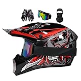 Motocross Helm Kinder, Jugend Motorradhelme, Motorradhelm Downhill Fullface Helm, Moto Cross Helm Herren, Mit Brille Handschuhe, Integralhelm Crosshelm Helm Motorrad MTB Enduro Quad Helm(S(52-53CM))