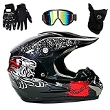 UIGJIOG Motocross Motorcycle Helmet ,Kinder Downhill Fullface Helmet Crosshelm Schwarz Herren Fullface Helm MTB DOT-Zertifizierung Inklusive Brille, Handschuhe Und Masken Set